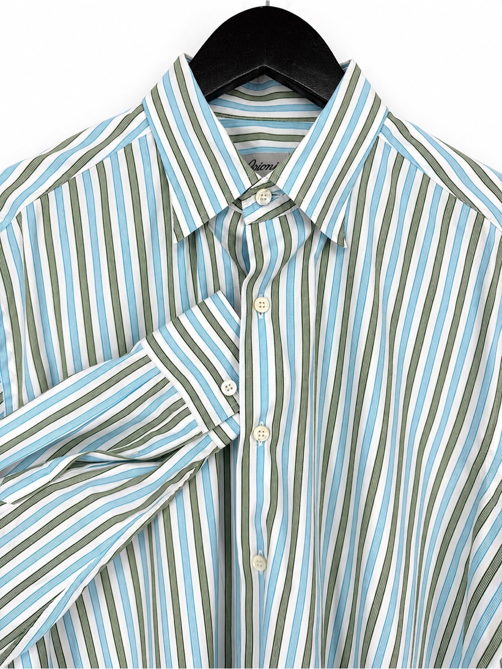 Brioni Long Sleeve Cotton Stripe Dress Shirt Blue Green White XL Luxury Italy